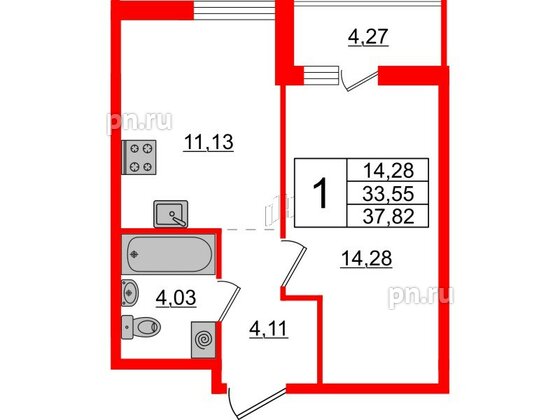 Квартира в ЖК ЦДС Новые горизонты-2, 1 комнатная, 33.55 м², 2 этаж