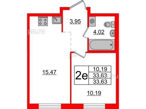 Квартира в ЖК ЦДС Новые горизонты-2, 1 комнатная, 33.63 м², 3 этаж