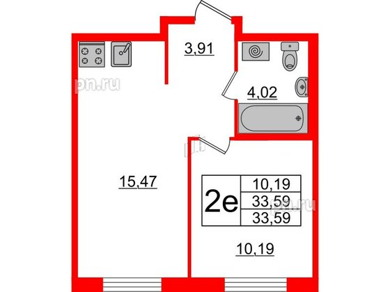 Квартира в ЖК ЦДС Новые горизонты-2, 1 комнатная, 33.63 м², 2 этаж