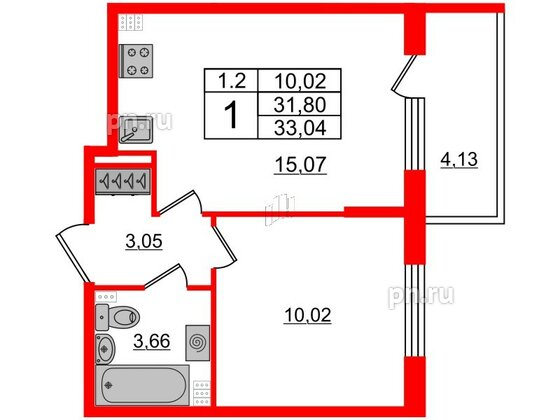 Квартира в ЖК 'Парадный ансамбль', 1 комнатная, 31.8 м², 4 этаж