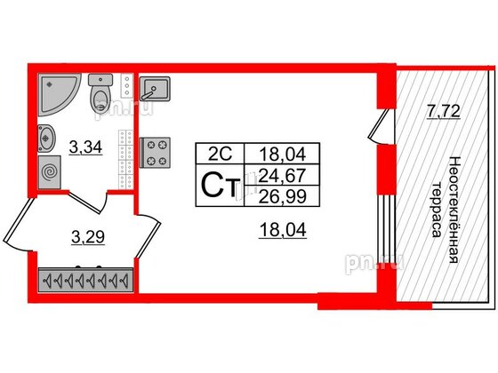 Квартира в ЖК 'Парадный ансамбль', студия, 24.1 м², 5 этаж