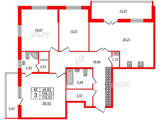 Квартира в ЖК «Парадный ансамбль», 3 комнатная, 107 м², 3 этаж