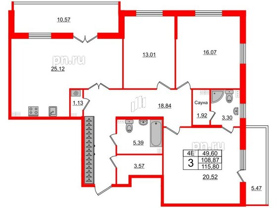 Квартира в ЖК «Парадный ансамбль», 3 комнатная, 107.1 м², 4 этаж