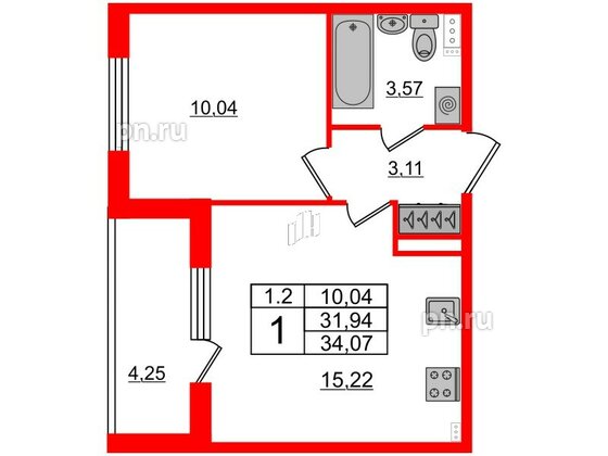 Квартира в ЖК 'Парадный ансамбль', 1 комнатная, 31.94 м², 2 этаж