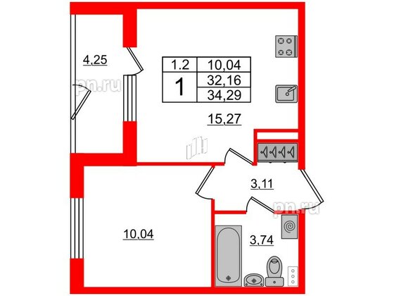 Квартира в ЖК 'Парадный ансамбль', 1 комнатная, 32.16 м², 1 этаж