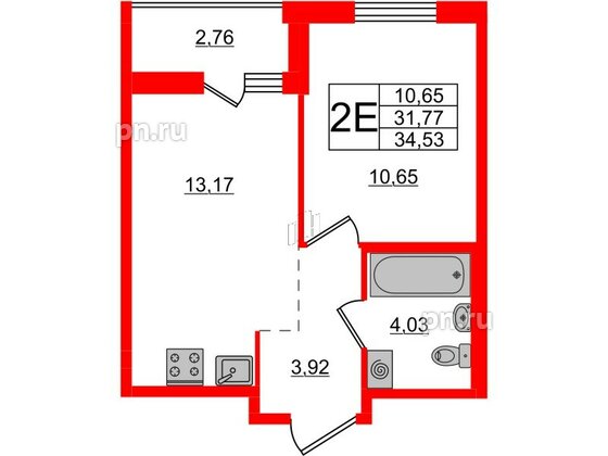 Квартира в ЖК ЦДС Новые горизонты-2, 1 комнатная, 34.53 м², 10 этаж