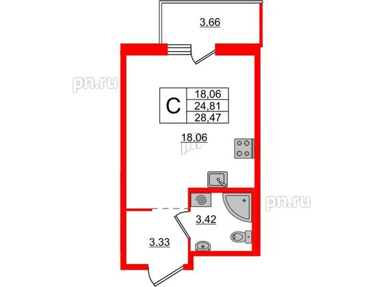 Квартира в ЖК ЦДС Новые горизонты-2, студия, 28.47 м², 9 этаж