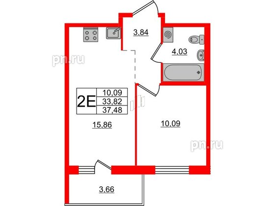 Квартира в ЖК ЦДС Новые горизонты-2, 1 комнатная, 37.48 м², 13 этаж