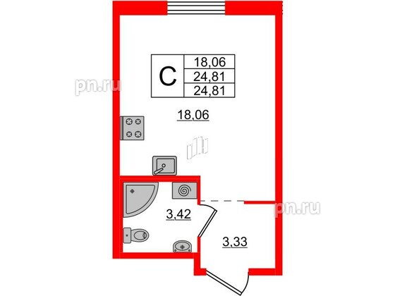 Квартира в ЖК ЦДС Новые горизонты-2, студия, 24.81 м², 2 этаж