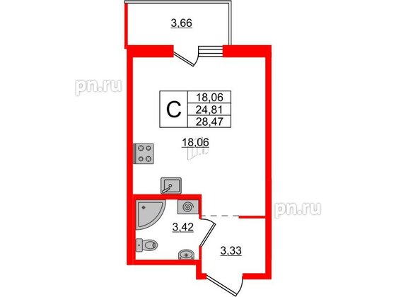 Квартира в ЖК ЦДС Новые горизонты-2, студия, 28.47 м², 6 этаж