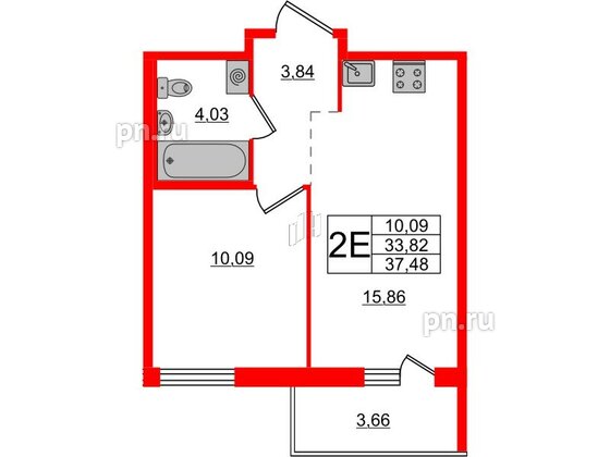 Квартира в ЖК ЦДС Новые горизонты-2, 1 комнатная, 37.48 м², 18 этаж