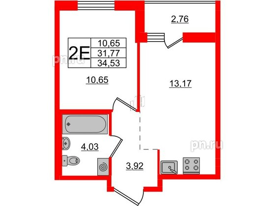 Квартира в ЖК ЦДС Новые горизонты-2, 1 комнатная, 34.53 м², 6 этаж