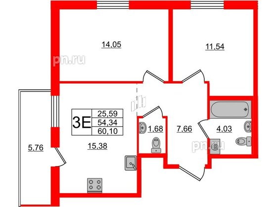 Квартира в ЖК ЦДС Новые горизонты-2, 2 комнатная, 60.1 м², 13 этаж