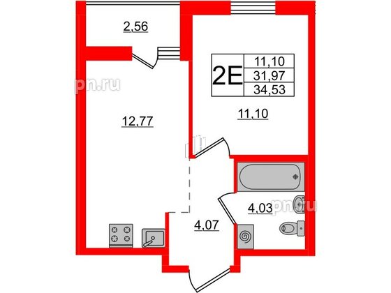 Квартира в ЖК ЦДС Новые горизонты-2, 1 комнатная, 34.53 м², 2 этаж