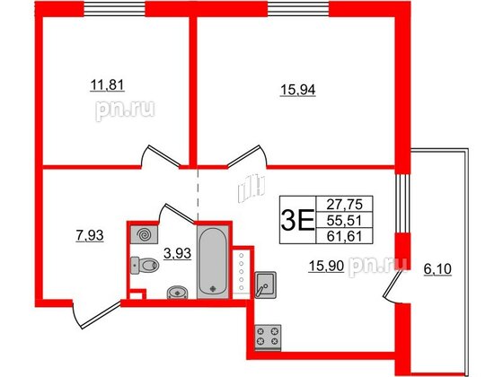 Квартира в ЖК ЦДС Новые горизонты-2, 2 комнатная, 61.61 м², 8 этаж