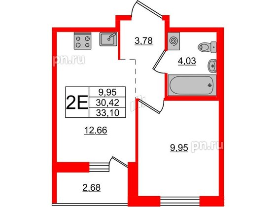 Квартира в ЖК ЦДС Новые горизонты-2, 1 комнатная, 33.1 м², 2 этаж