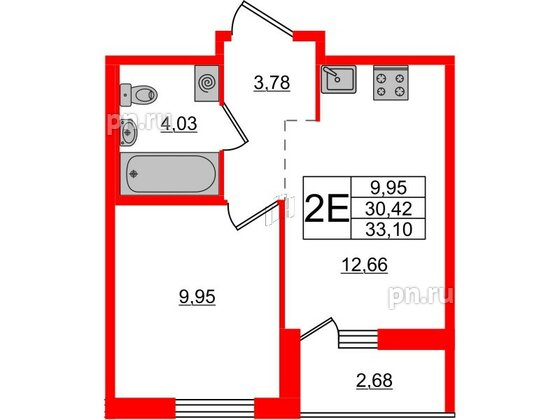 Квартира в ЖК ЦДС Новые горизонты-2, 1 комнатная, 33.1 м², 6 этаж