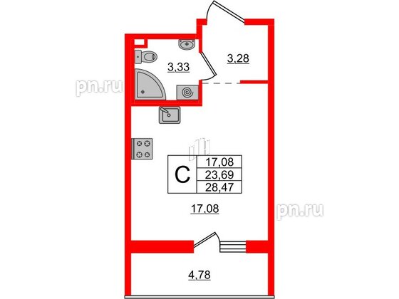 Квартира в ЖК ЦДС Новые горизонты-2, студия, 28.47 м², 2 этаж