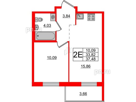 Квартира в ЖК ЦДС Новые горизонты-2, 1 комнатная, 37.48 м², 12 этаж