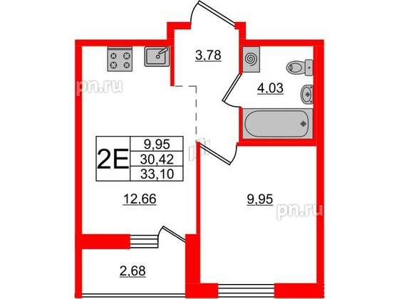 Квартира в ЖК ЦДС Новые горизонты-2, 1 комнатная, 33.1 м², 2 этаж