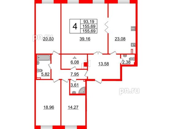 Квартира в ЖК Neva Haus, 5 комнатная, 155.5 м², 1 этаж