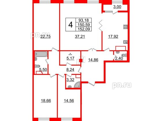 Квартира в ЖК Neva Haus, 5 комнатная, 152.2 м², 7 этаж