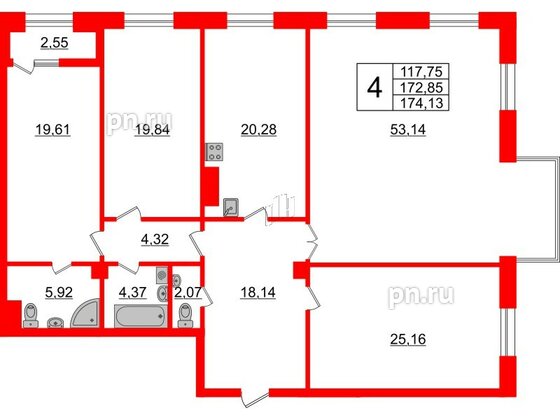 Квартира в ЖК Neva Haus, 4 комнатная, 174.2 м², 6 этаж