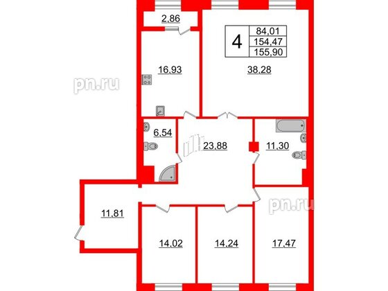 Квартира в ЖК Neva Haus, 4 комнатная, 156.3 м², 5 этаж
