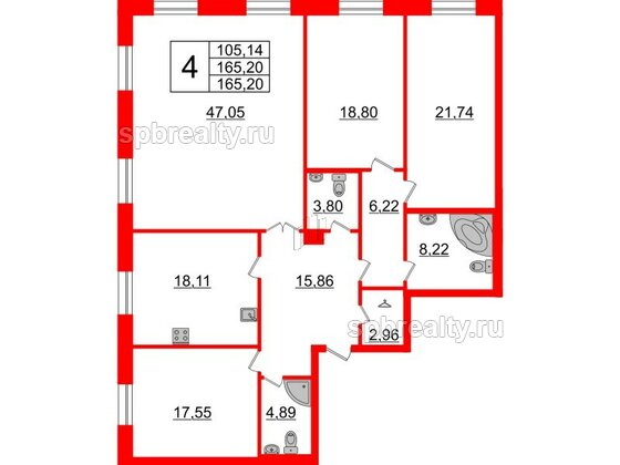 Квартира в ЖК Neva Haus, 4 комнатная, 165.7 м², 1 этаж