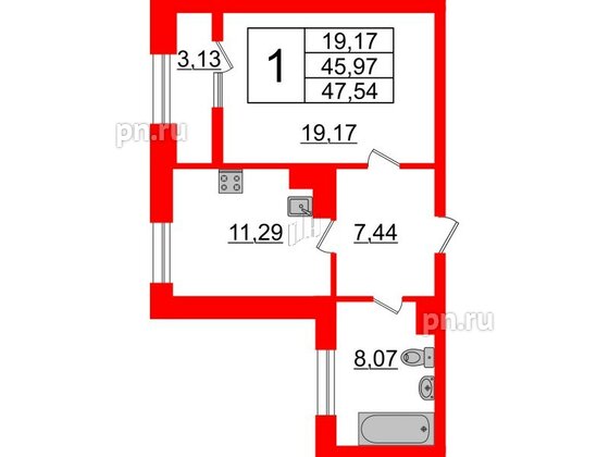 Квартира в ЖК Neva Haus, 1 комнатная, 47.6 м², 9 этаж