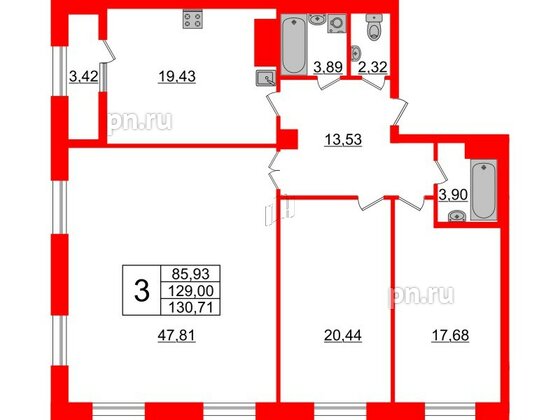 Квартира в ЖК Neva Haus, 3 комнатная, 129.8 м², 9 этаж