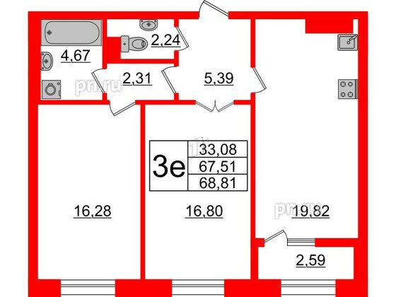 Квартира в ЖК Neva Haus, 2 комнатная, 69.1 м², 9 этаж