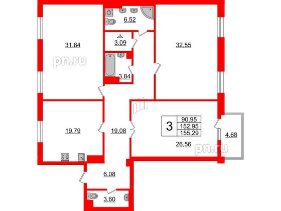 Квартира в ЖК Neva Haus, 3 комнатная, 155.8 м², 8 этаж