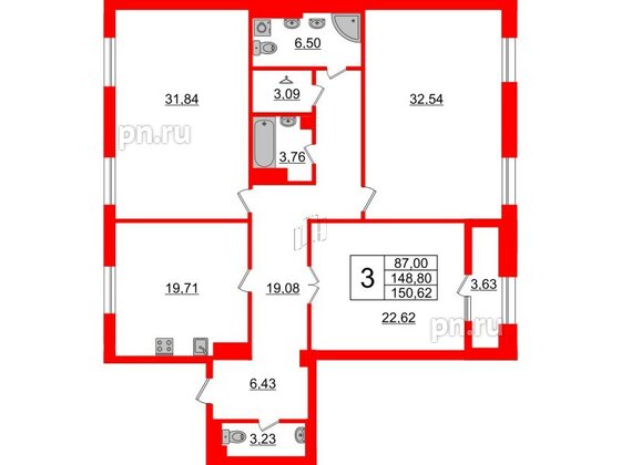 Квартира в ЖК Neva Haus, 3 комнатная, 150.8 м², 9 этаж