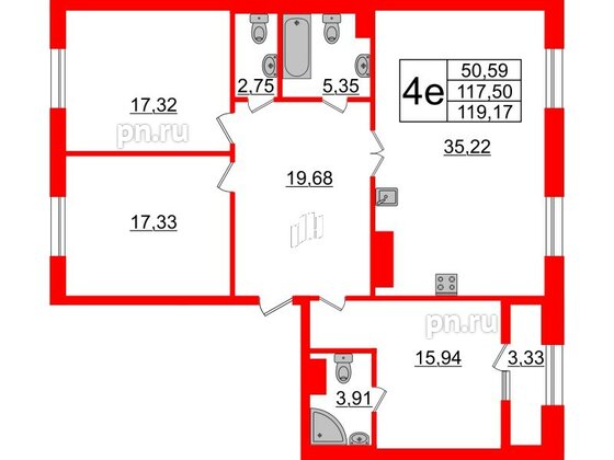 Квартира в ЖК Neva Haus, 3 комнатная, 118.5 м², 9 этаж