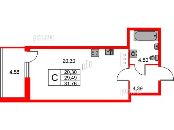 Квартира в ЖК Новоантропшино, студия, 31.78 м², 2 этаж