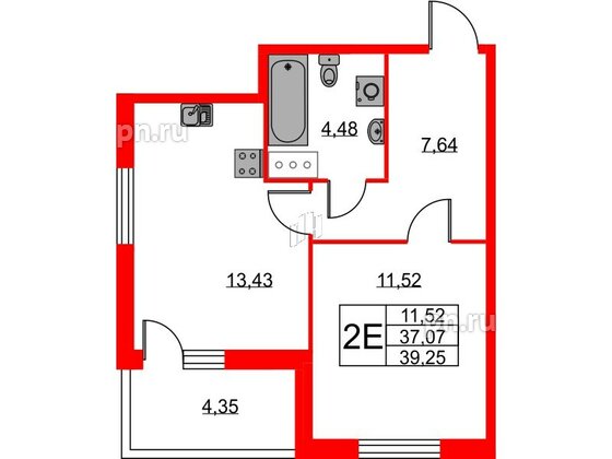 Квартира в ЖК Ново-Антропшино, 1 комнатная, 39.25 м², 5 этаж