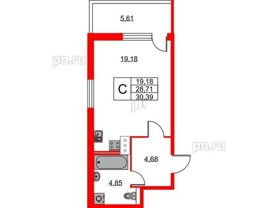 Квартира в ЖК Новоантропшино, студия, 30.39 м², 5 этаж