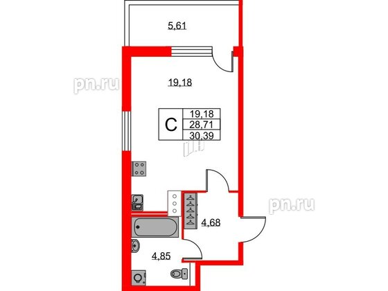 Квартира в ЖК Новоантропшино, студия, 30.39 м², 6 этаж