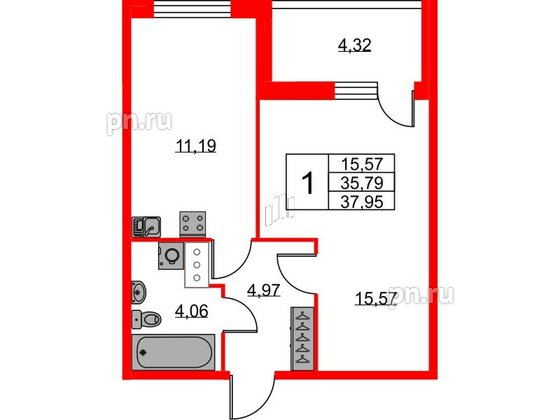 Квартира в ЖК Ново-Антропшино, 1 комнатная, 37.95 м², 5 этаж