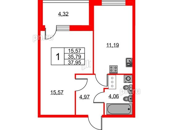 Квартира в ЖК Ново-Антропшино, 1 комнатная, 37.95 м², 5 этаж