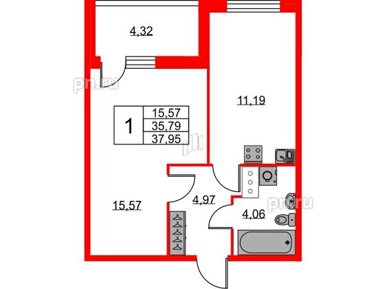 Квартира в ЖК Ново-Антропшино, 1 комнатная, 37.95 м², 8 этаж