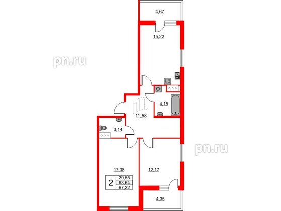 Квартира в ЖК Новоантропшино, 2 комнатная, 67.22 м², 5 этаж