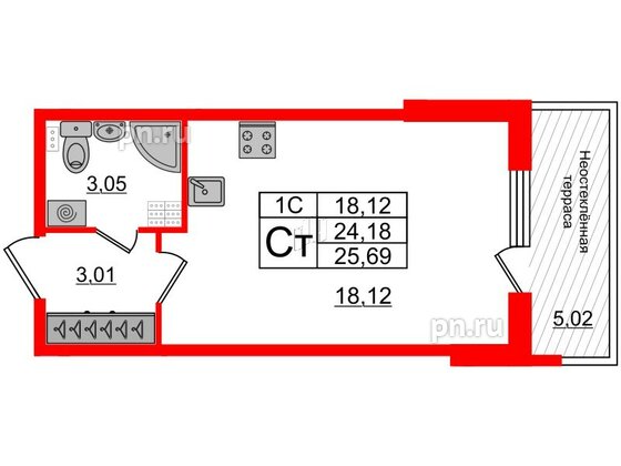 Квартира в ЖК 'Парадный ансамбль', студия, 23.5 м², 5 этаж