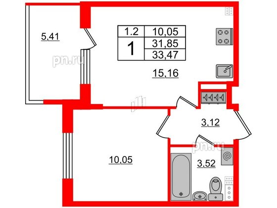 Квартира в ЖК 'Парадный ансамбль', 1 комнатная, 31.85 м², 4 этаж