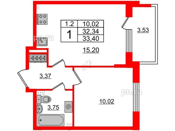 Квартира в ЖК 'Парадный ансамбль', 1 комнатная, 32.34 м², 3 этаж