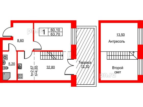 Квартира в ЖК NEWПИТЕР, 1 комнатная, 63.7 м², 1 этаж