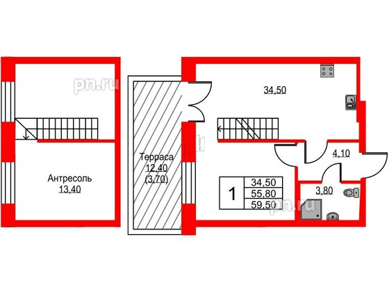 Квартира в ЖК NEWПИТЕР, 1 комнатная, 59.9 м², 1 этаж