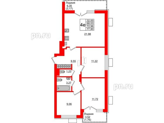 Квартира в ЖК Lake City-6, 3 комнатная, 72.96 м², 5 этаж