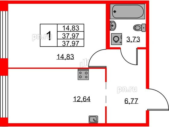 Квартира в ЖК ID Кудрово, 1 комнатная, 37.97 м², 1 этаж